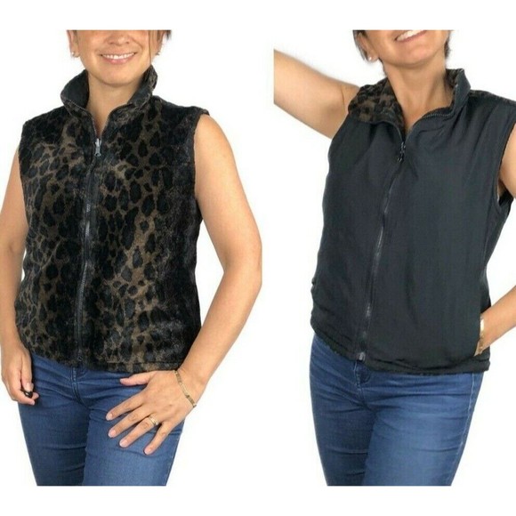 Haley Womens Reversible Vest Medium Black & Brown Animal Print Pockets Outdoors - Picture 1 of 7